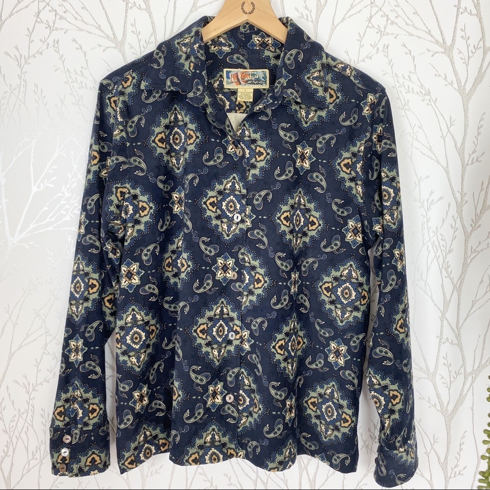 Vintage La Cabana Blue Paisley Button-down Top L